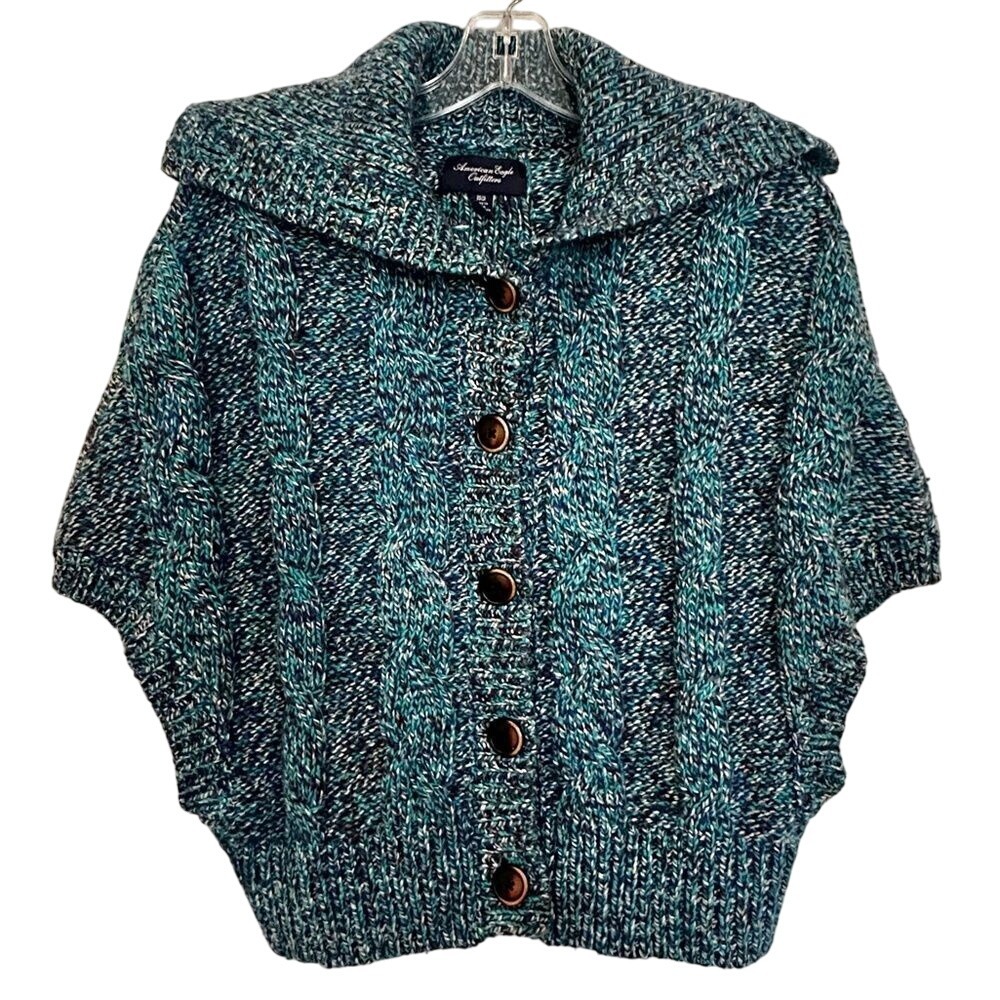 American Eagle Wool Cable Knit Cardigan Women's Medium Turquoise Y2K Preppy Goth